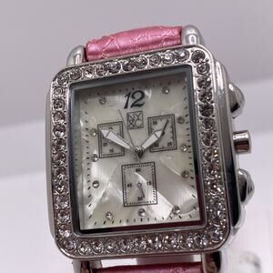NY & C Womens Silver Rhinestone Pink Leather Quartz Watch New Battery